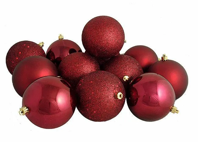 12ct Burgundy Red Shatterproof 4-Finish Christmas Ball Ornaments 4" (100mm)