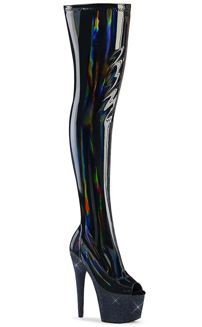 BEJEWELED-3011-7 Black Holo Rhinestone Thigh-High Boots