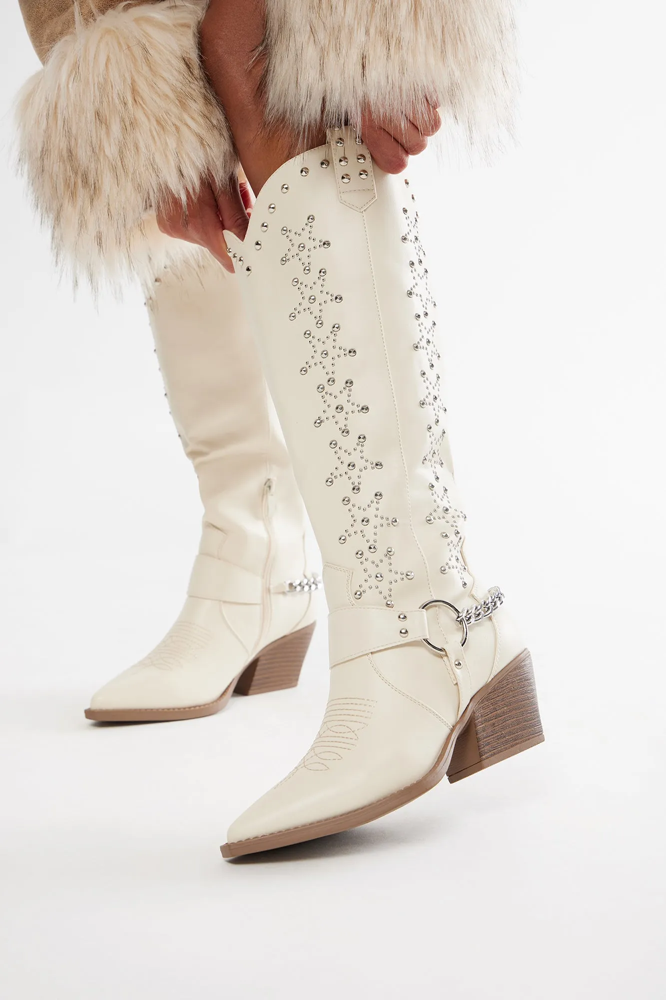 Berkeley Studded Cowboy Boots - Cream