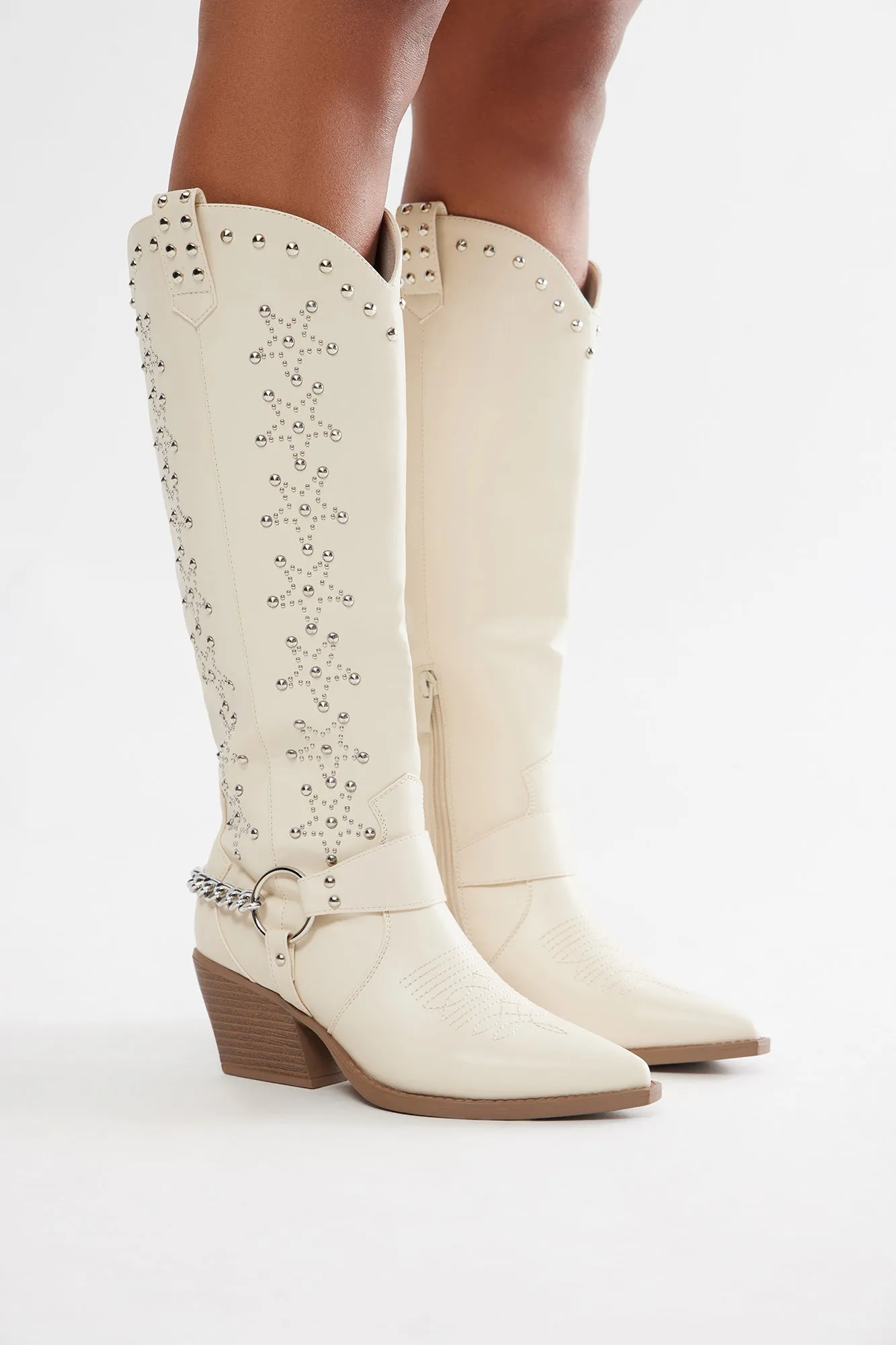 Berkeley Studded Cowboy Boots - Cream