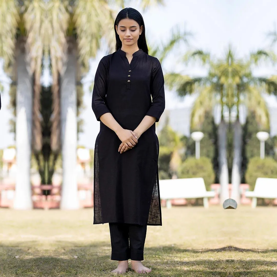 Black Solid Cotton Kurta Pant Set