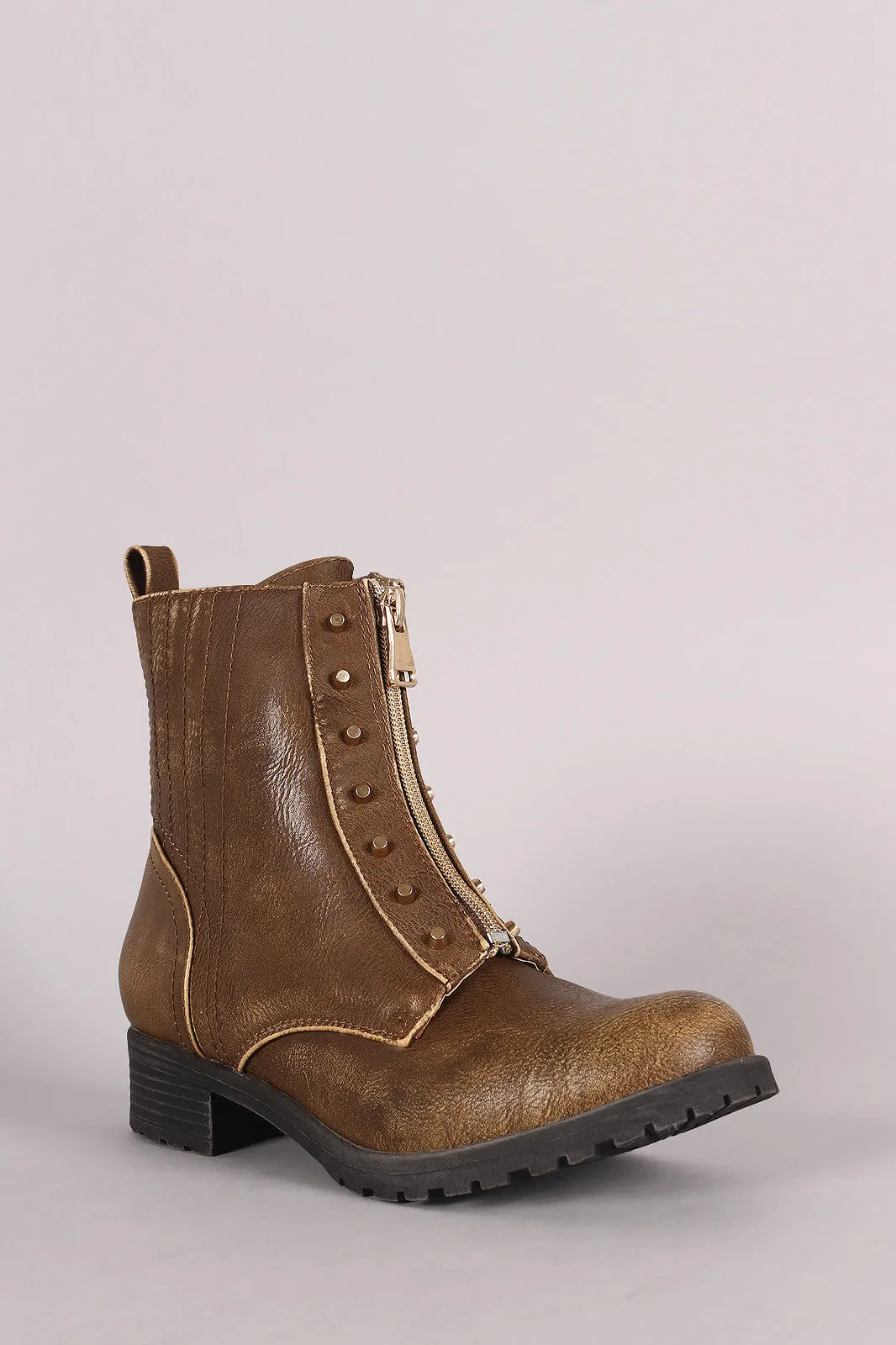 Burnished Studded Front Zip-Up Ankle Boots