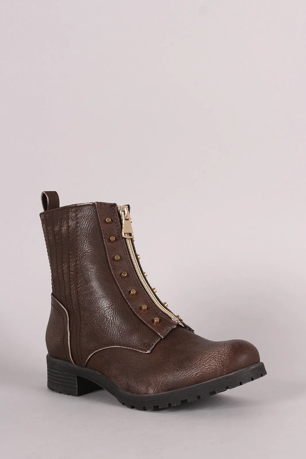 Burnished Studded Front Zip-Up Ankle Boots