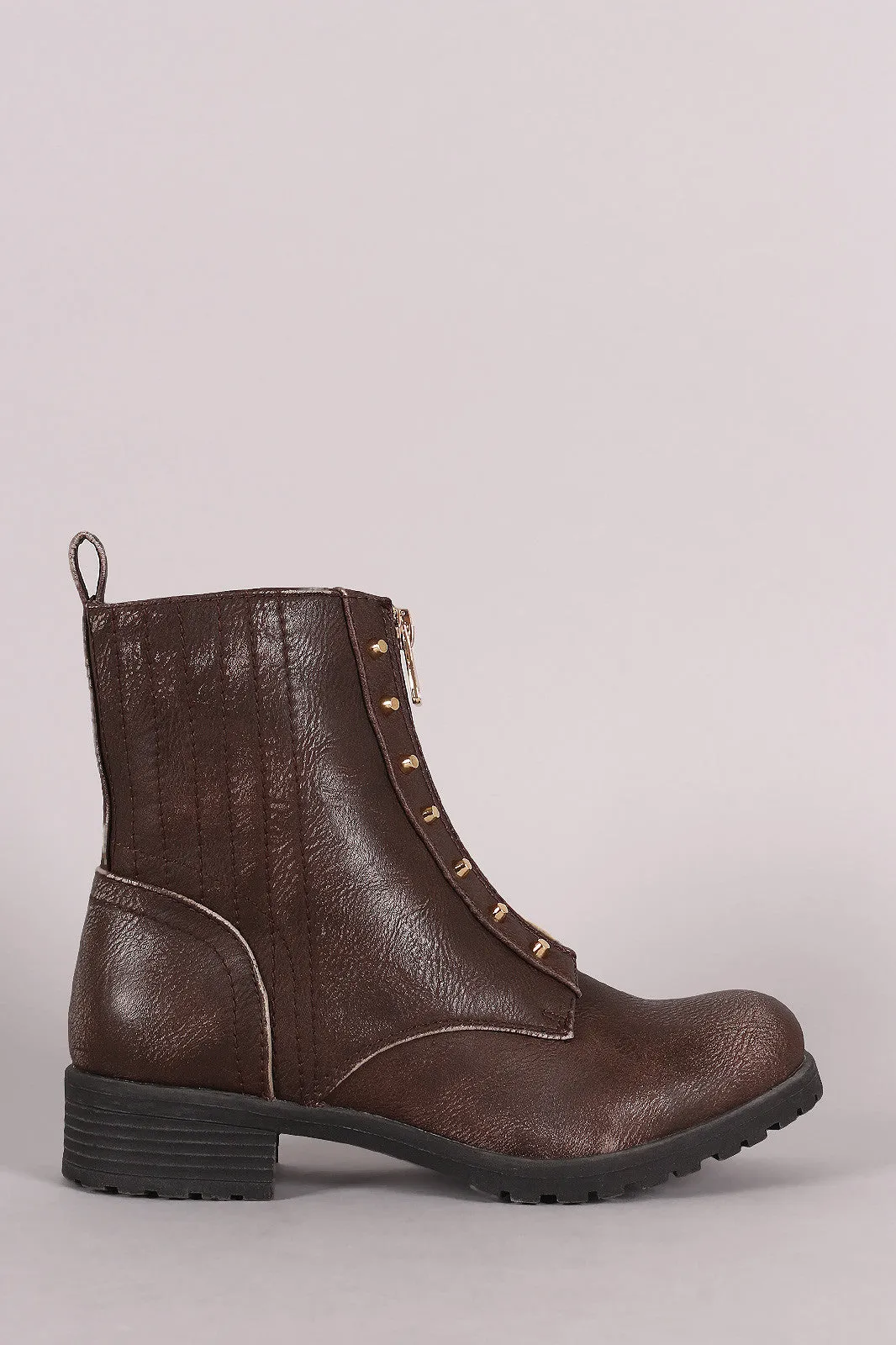 Burnished Studded Front Zip-Up Ankle Boots