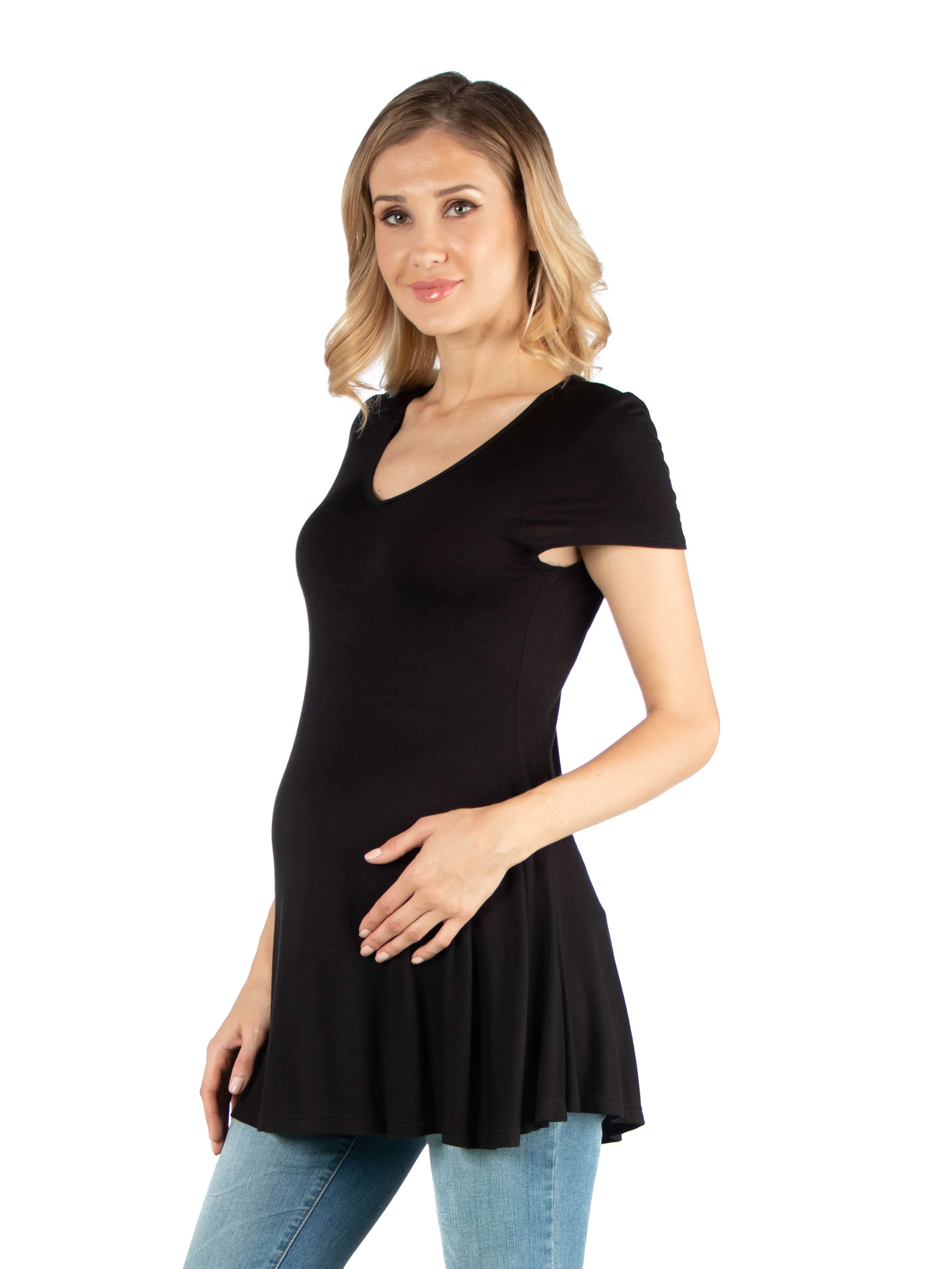 Cap Sleeve Maternity Tunic Top with Soft Flare Hem