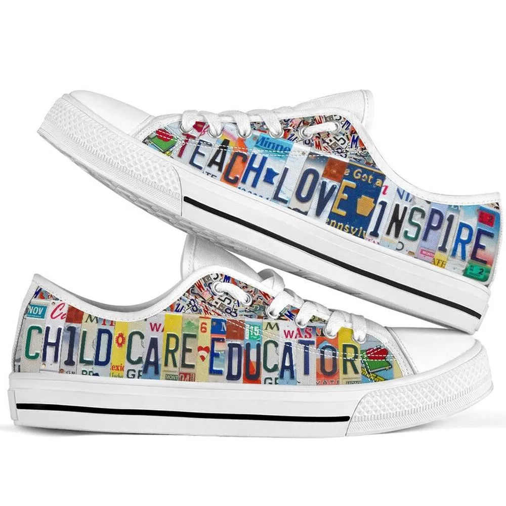 Child Care Educator Teach Love License Plates Low Top Shoes, Teacher Shoes, Low Top Sneakers