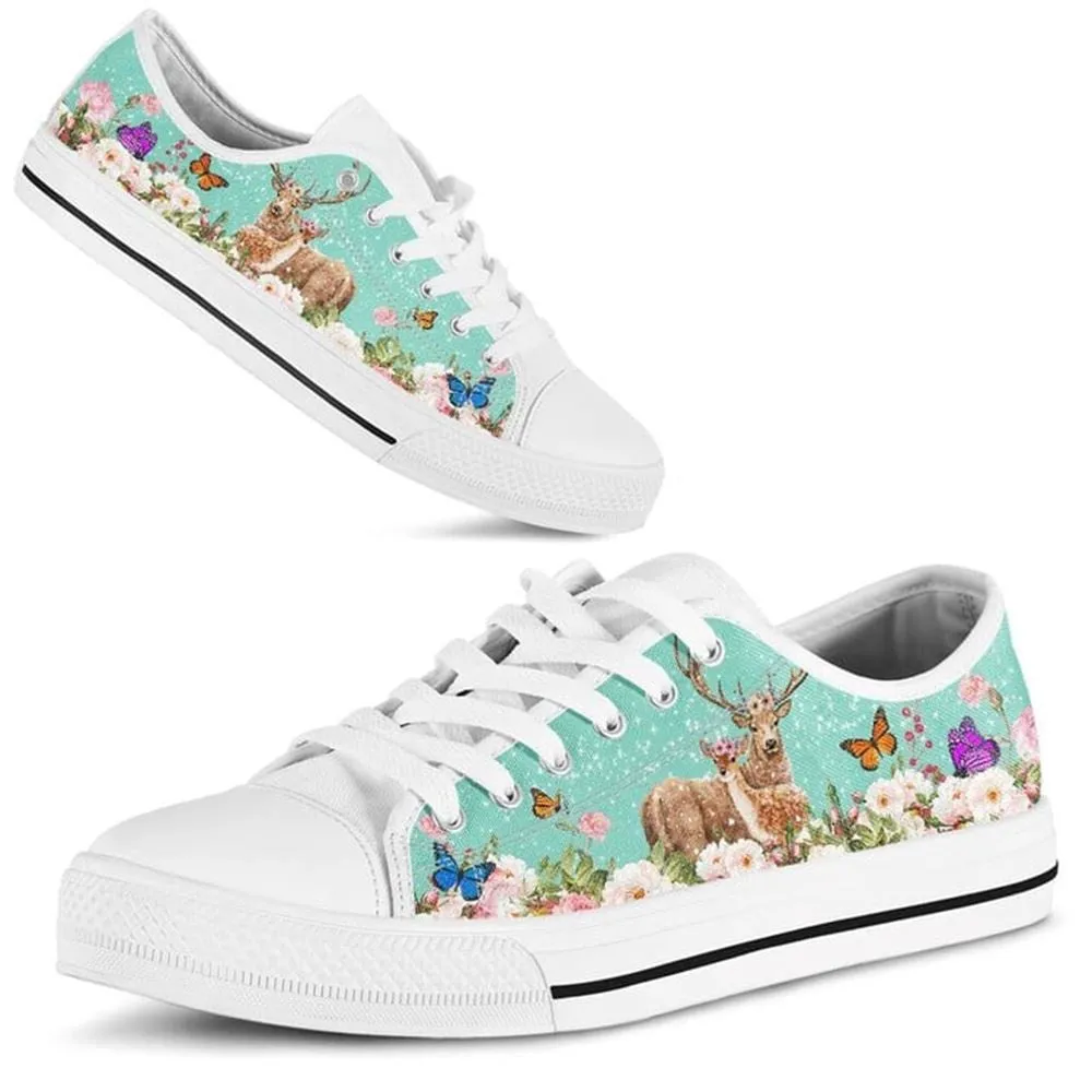 Cute Couple Deer Love Flower Watercolor Low Top Shoes, Animal Print Canvas Shoes, Print On Canvas Shoes