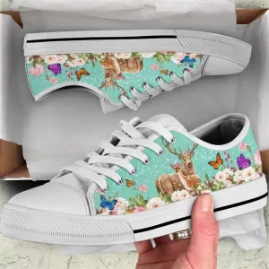 Cute Couple Deer Love Flower Watercolor Low Top Shoes, Animal Print Canvas Shoes, Print On Canvas Shoes