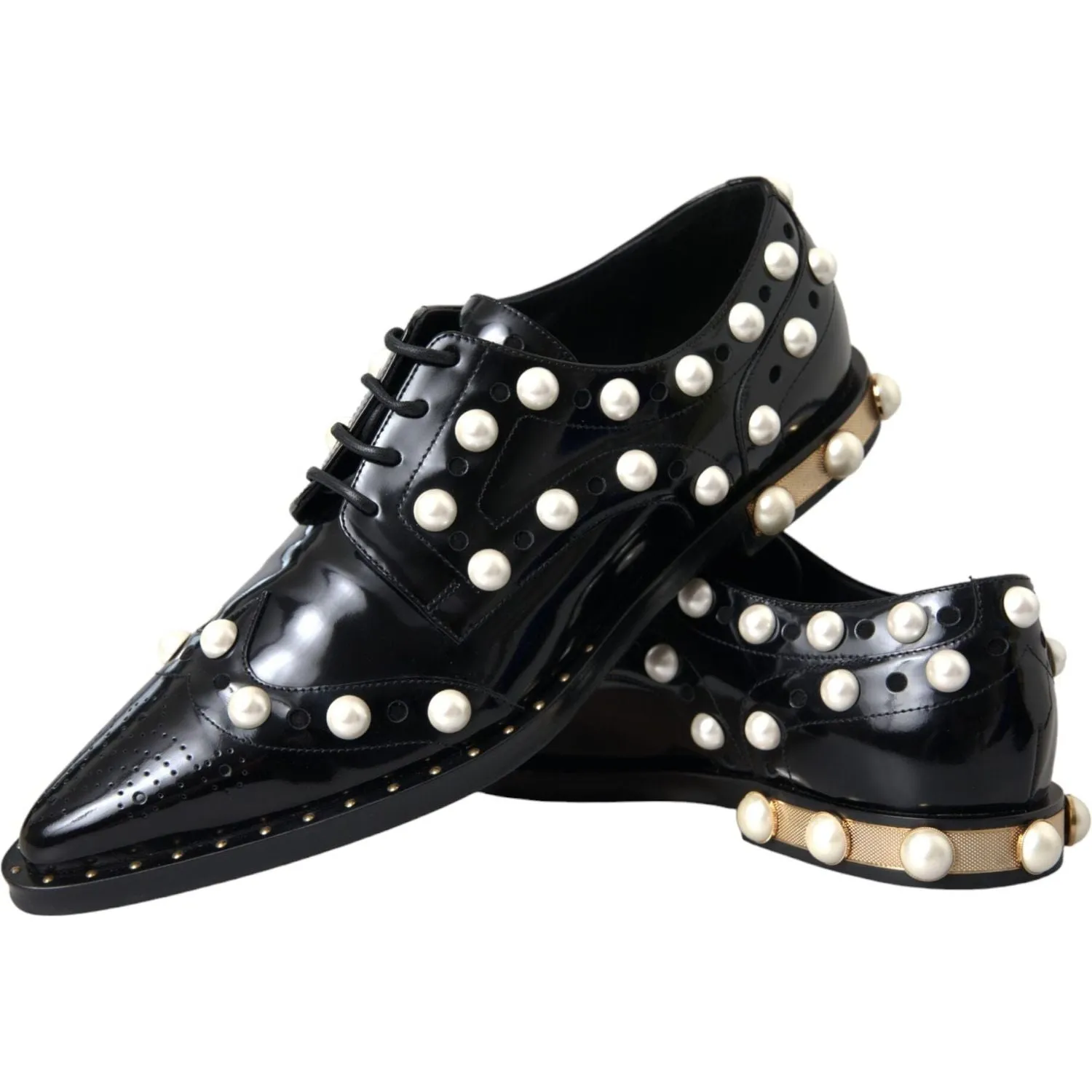 Dolce & Gabbana Black Leather Faux Pearl Dress Broque Shoes