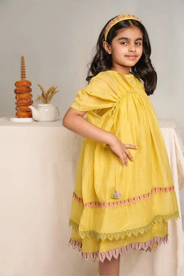 Down by the Bay- Yellow Chanderi Silk Hand Embroidered Gathered A-Line Dress for Girls