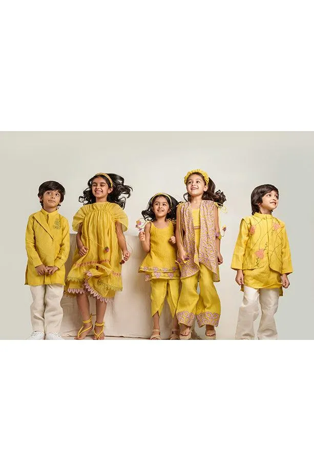 Down by the Bay- Yellow Chanderi Silk Hand Embroidered Gathered A-Line Dress for Girls