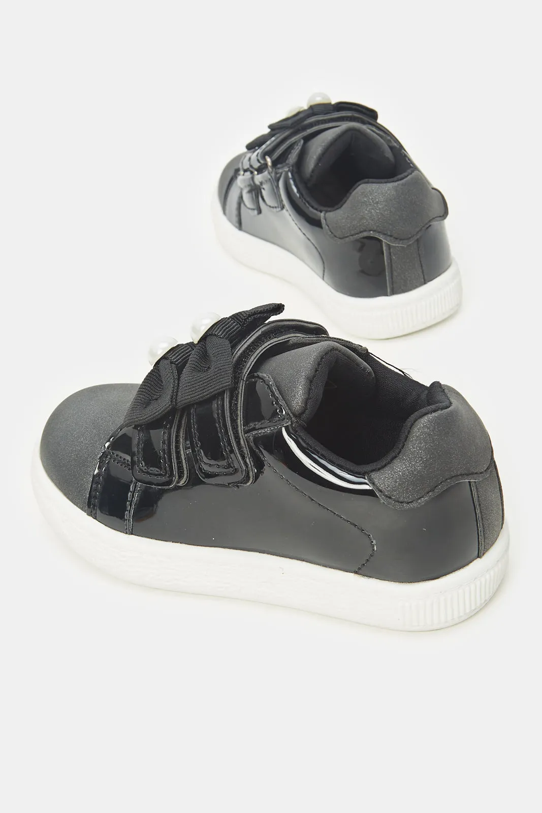 Girls Black Glossy Bow Sneakers