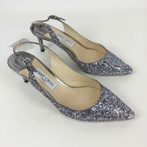 Jimmy Choo Women Size 9.5 Silver Metallic Open Back Glitter Heels