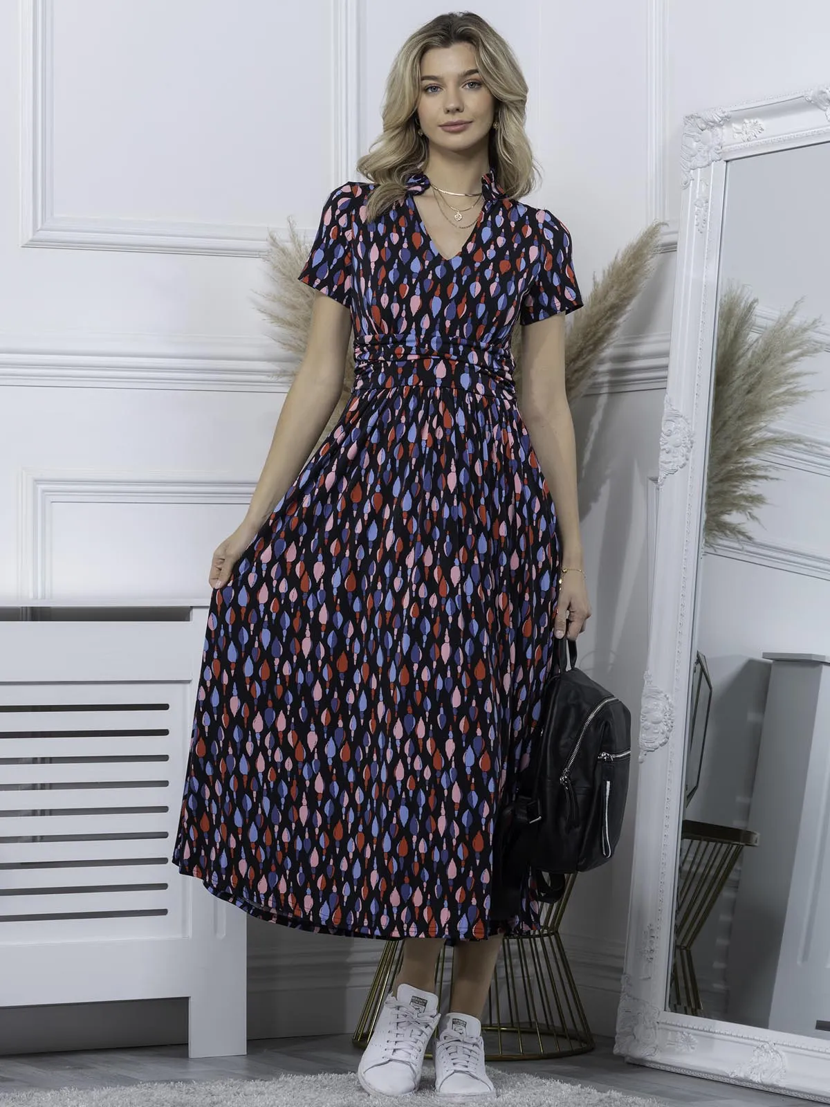 Marbouka Stand Neck Dress, Navy Multi