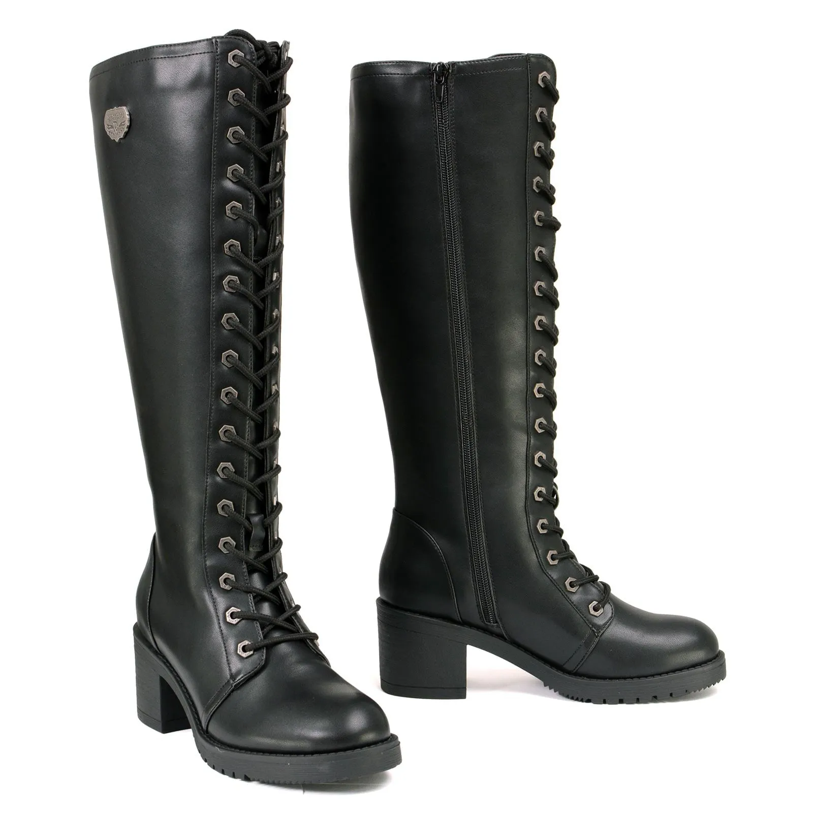 Milwaukee Leather XBL9442 Women's Black Lace-Up Tall Fashion Biker Boots with Square Heel