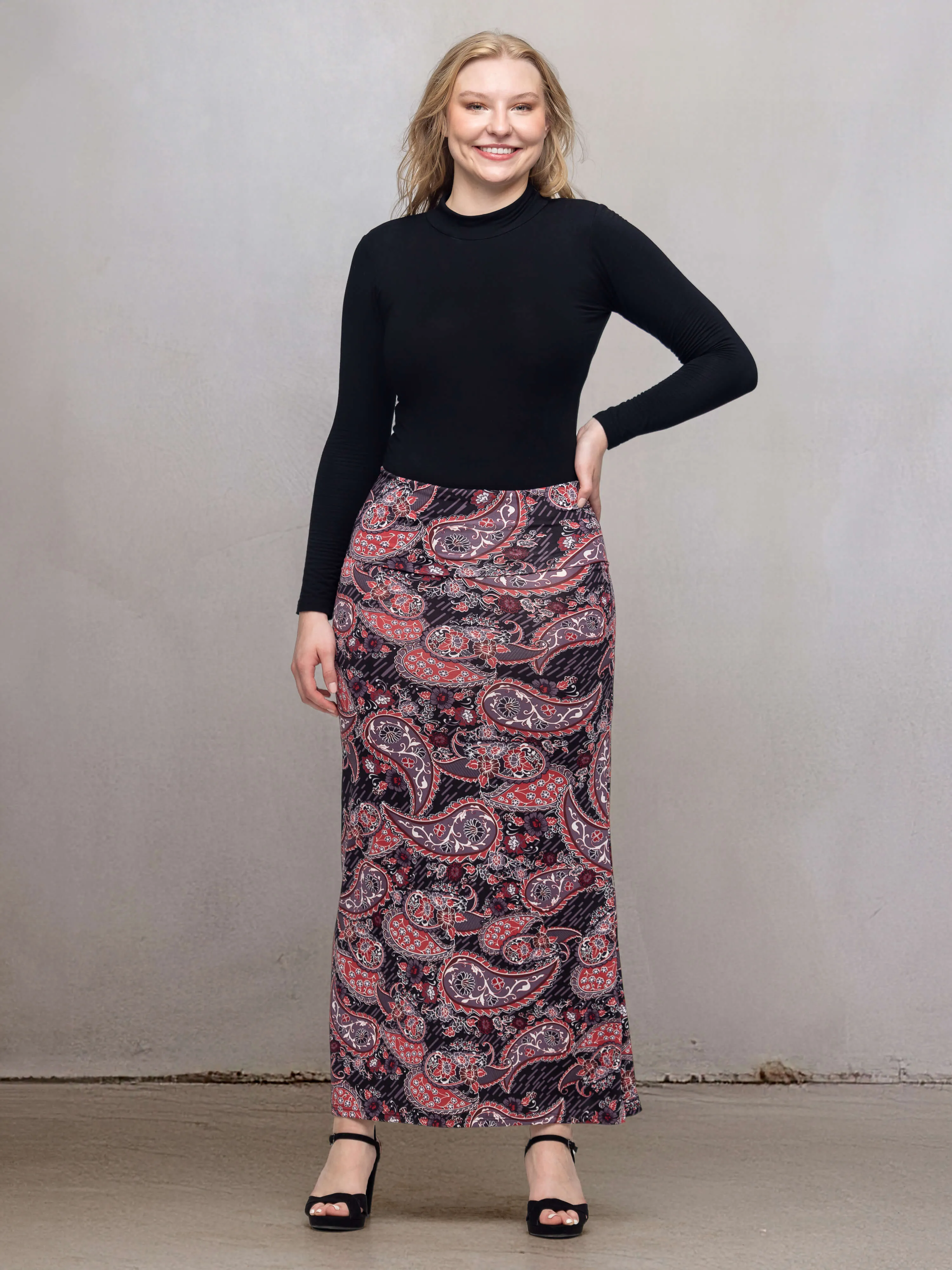 Paisley Print Fold Over Waist Maxi Skirt