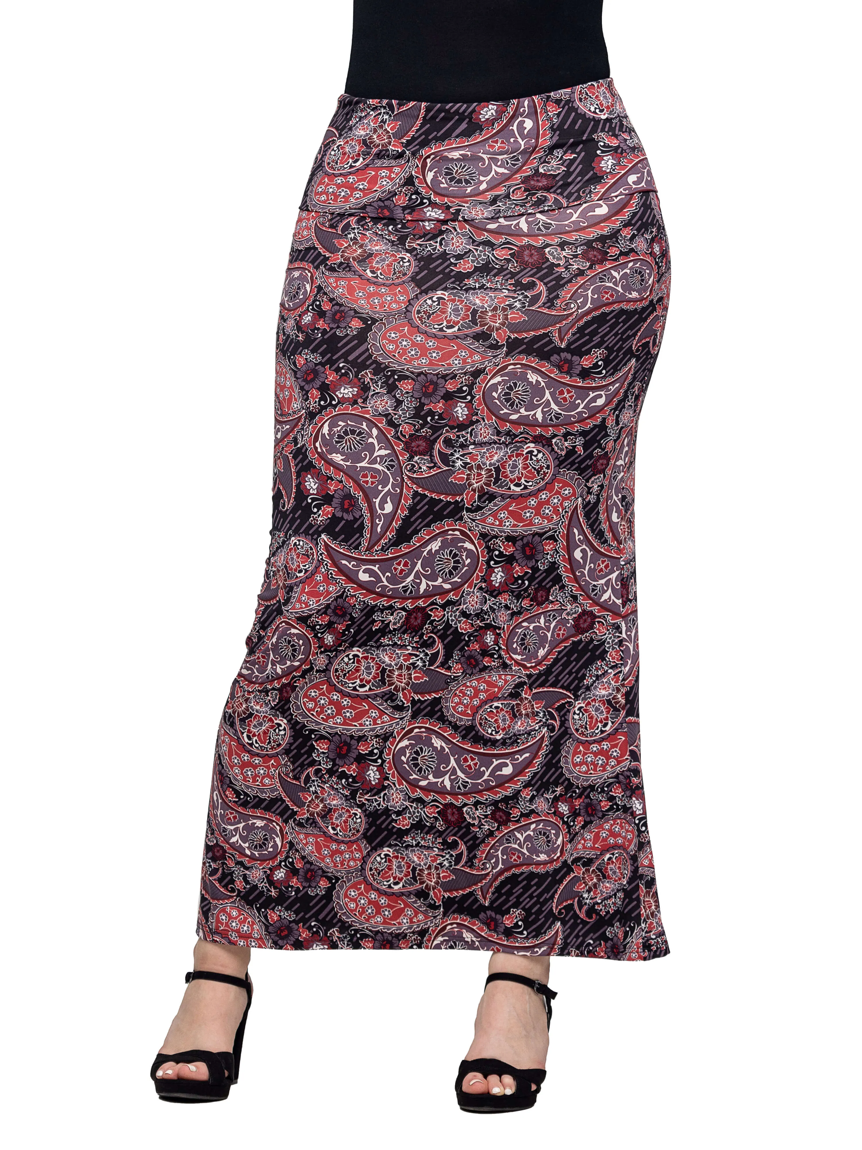 Paisley Print Fold Over Waist Maxi Skirt