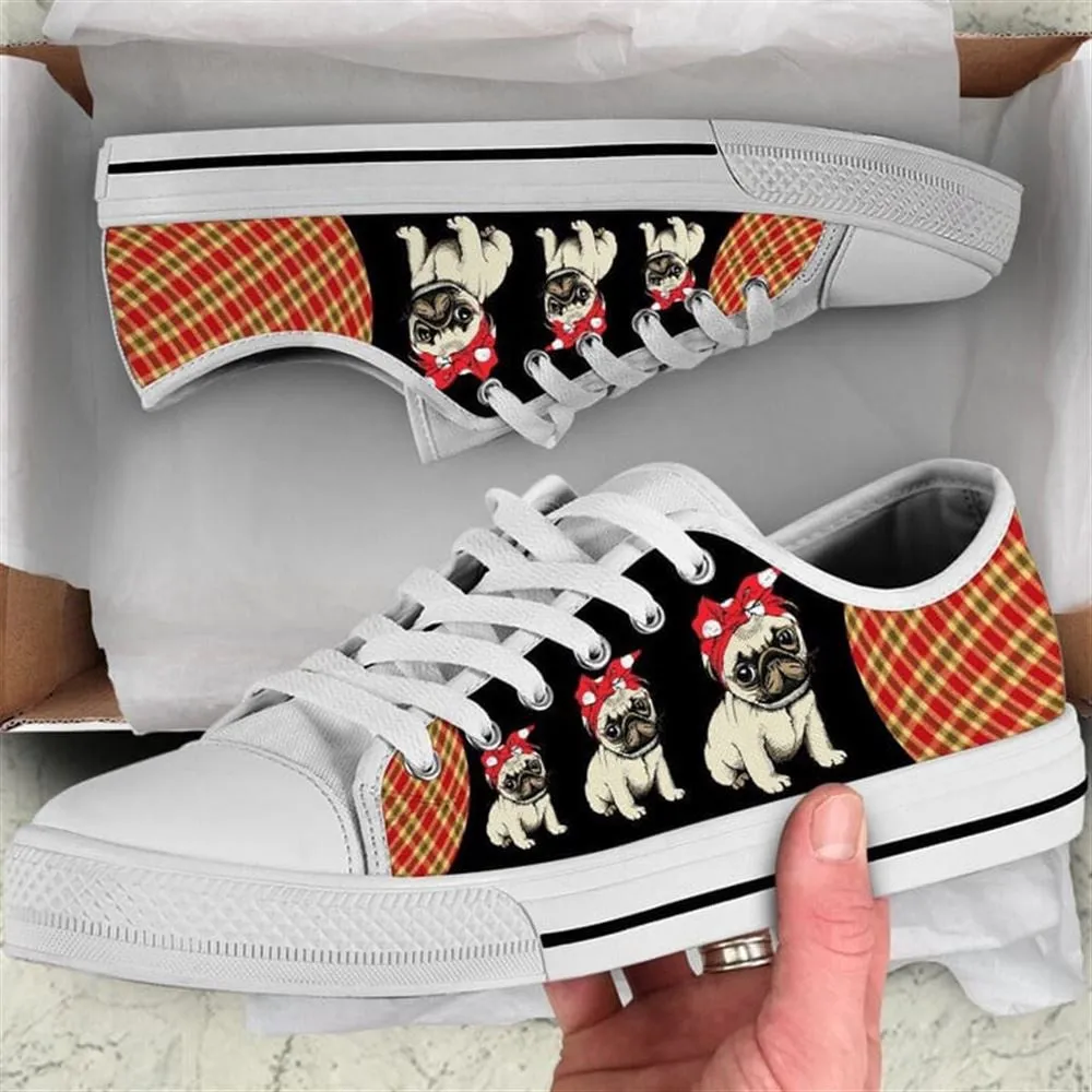 Pug Dog Red Black Tan Plaid Canvas Low Top Shoes - Low Top Shoes Mens, Women, Dog Printed Shoes, Canvas Shoes For Men, Women