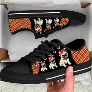 Pug Dog Red Black Tan Plaid Canvas Low Top Shoes - Low Top Shoes Mens, Women, Dog Printed Shoes, Canvas Shoes For Men, Women