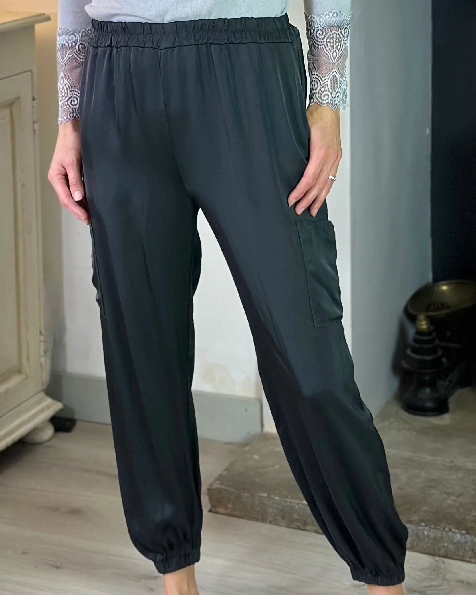 Satin Cargo Style Trousers - Charcoal