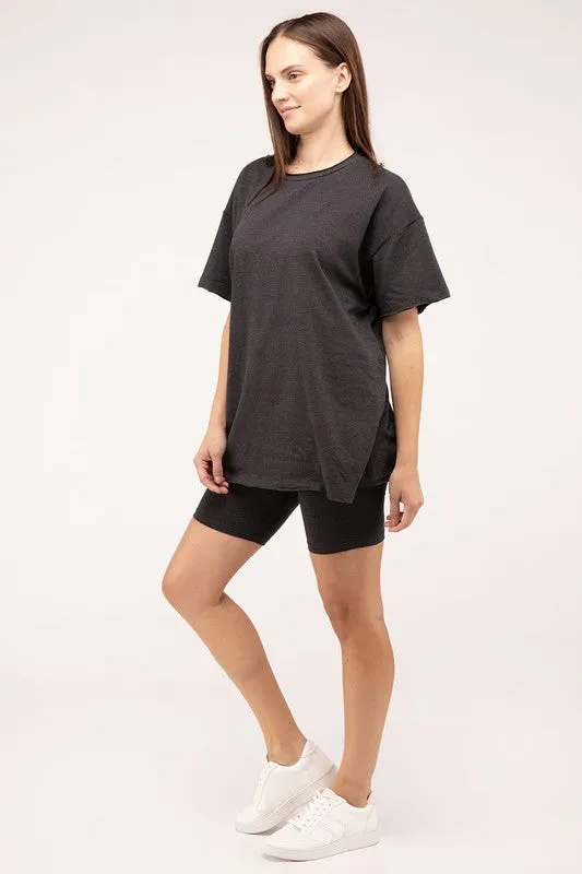 Zenana Cotton Round Neck Top & Biker Shorts Set