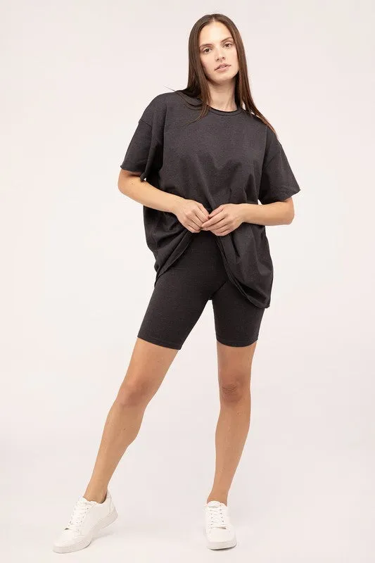 Zenana Cotton Round Neck Top & Biker Shorts Set