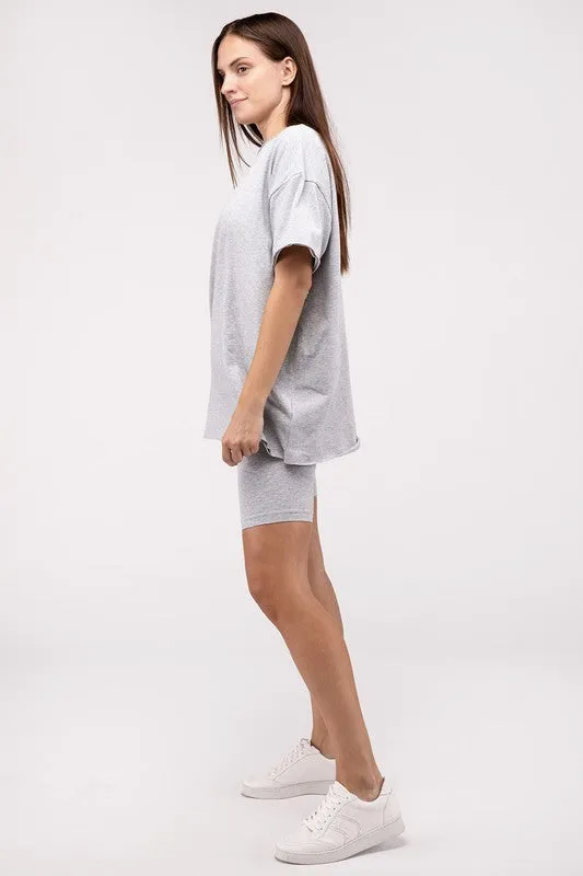 Zenana Cotton Round Neck Top & Biker Shorts Set